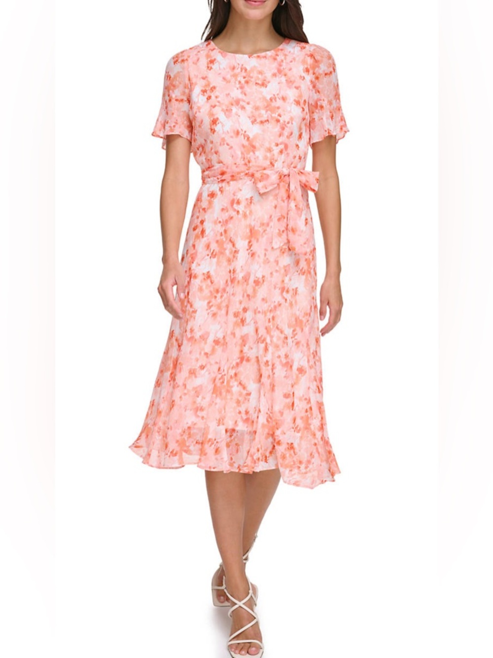 DKNY Coral Floral Chiffon Flutter Sleeve Midi Dress with Tie Waist Size 8 - Picture 1 of 9
